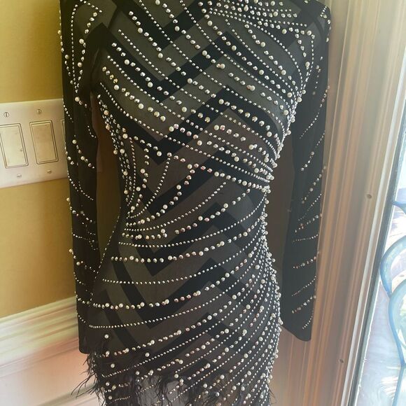Unbranded Luxury Rhinestones & Pearls Feather Mini dress feather accents Size S - Picture 13 of 16